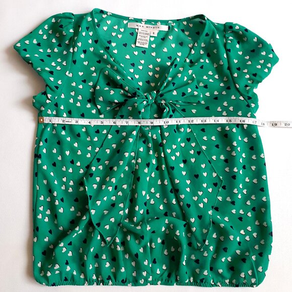 MAX STUDIO Puffy Sleeve Blouse with Bow Detail in Teal Green with Heart Print - Picture 10 of 15